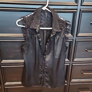 Black Satin and Lace Top - Size Large